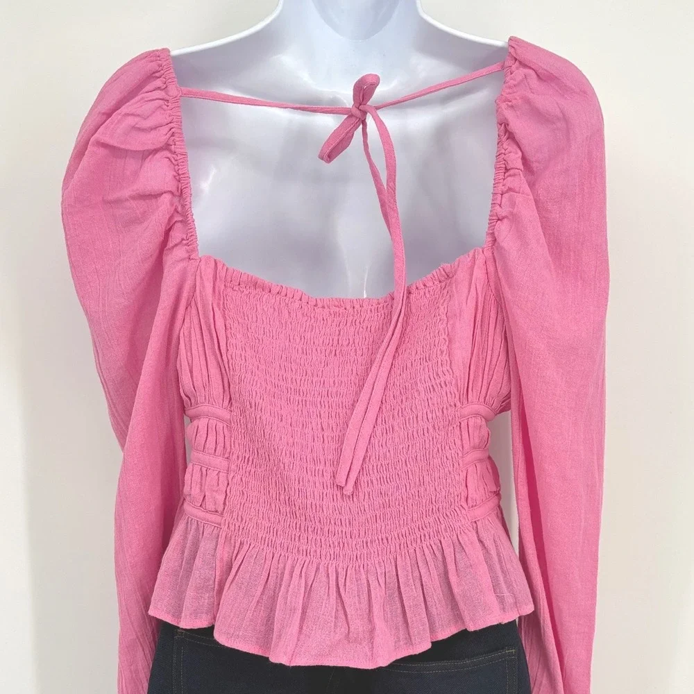 Free People Blouse Women M Pink Smocked Puff Sleeve Boho Top Festival Barbiecore